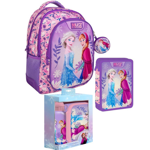 Τσάντα Πλάτης 3Θ με Πορτοφολάκι και Κασετίνα Γεμάτη Διπλή και Σετ Φαγητοδοχείο με Παγούρι Frozen (Δημοτικό)