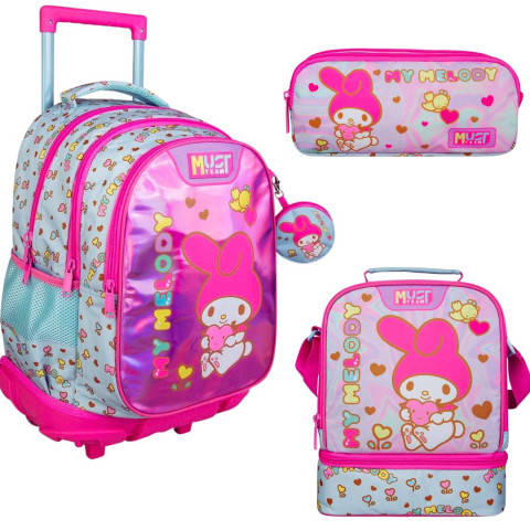 Τσάντα Τρόλεϊ 3Θ με Πορτοφολάκι + Κασετίνα Βαρελάκι 2Θ + Ισοθερμικό Τσαντάκι Φαγητού My Melody (Δημοτικό)
