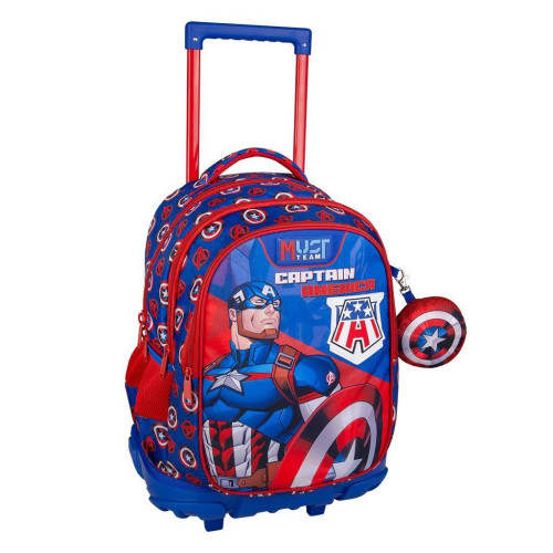 Τσάντα Τρόλεϊ 3Θ με Πορτοφολάκι + Κασετίνα Γεμάτη Διπλή + Ισοθερμικό Τσαντάκι Φαγητού Captain America (Δημοτικό)