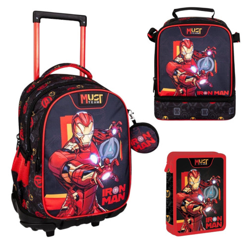 Τσάντα Τρόλεϊ 3Θ με Πορτοφολάκι + Κασετίνα Γεμάτη Διπλή + Ισοθερμικό Τσαντάκι Φαγητού Iron Man (Δημοτικό)