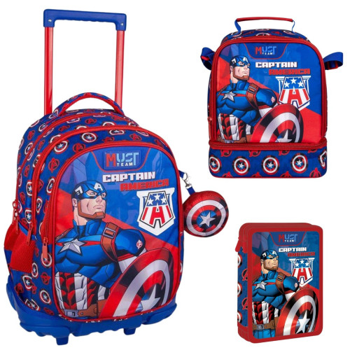 Τσάντα Τρόλεϊ 3Θ με Πορτοφολάκι + Κασετίνα Γεμάτη Διπλή + Ισοθερμικό Τσαντάκι Φαγητού Captain America (Δημοτικό)