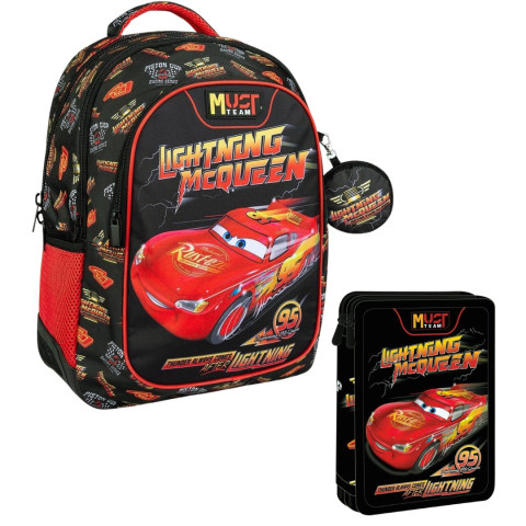 Τσάντα Πλάτης 3Θ με Πορτοφολάκι και Κασετίνα Γεμάτη Διπλή Cars (Δημοτικό)