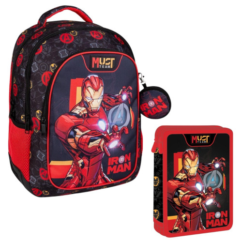 Τσάντα Πλάτης 3Θ με Πορτοφολάκι και Κασετίνα Γεμάτη Διπλή Iron Man Avengers (Δημοτικό)