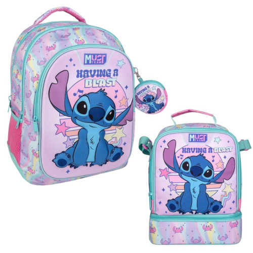 Τσάντα Πλάτης 3Θ με Πορτοφολάκι και Ισοθερμικό Τσαντάκι Φαγητού Stitch (Δημοτικό)
