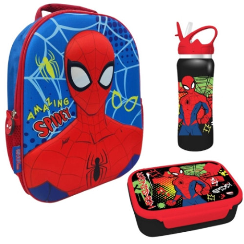 Τσάντα Πλάτης 3D και Σετ Ανοξείδωτο Παγούρι με Φαγητοδοχείο Spiderman (Νηπιαγωγείο/Παιδικός)