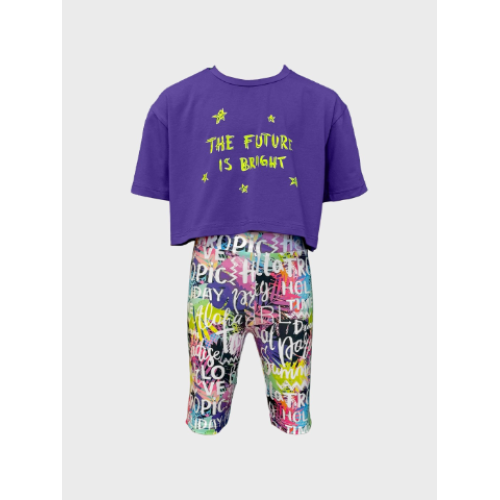 Σετ κοντομάνικη μπλούζα με κολάν ποδηλάτου Μωβ-Πολύχρωμο 22530033