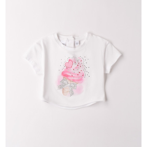 Κοντομάνικο Crop με παγωτό και στρας Λευκό 4G517/00