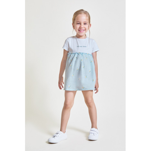 Φόρεμα Κοντομάνικο με κεντημένα λουλουδάκια Γαλάζιο 263054